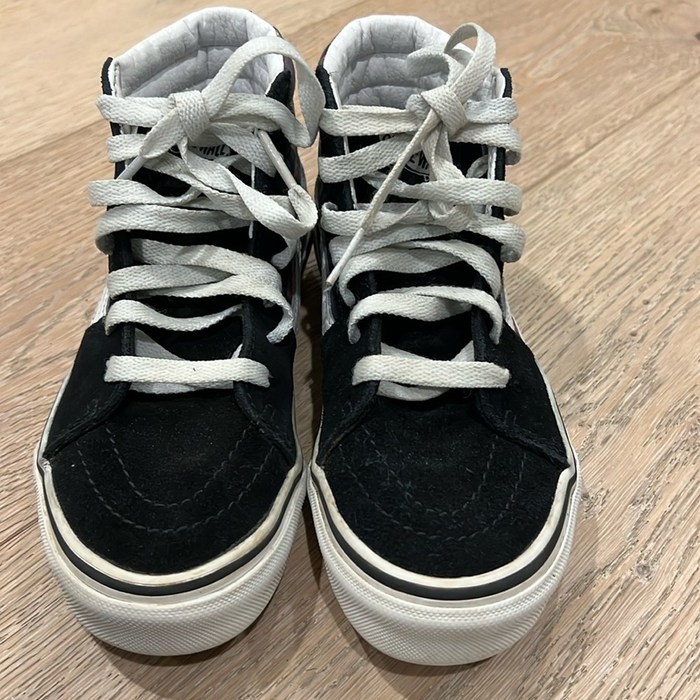 Kids black vans with multiple colored checkered design